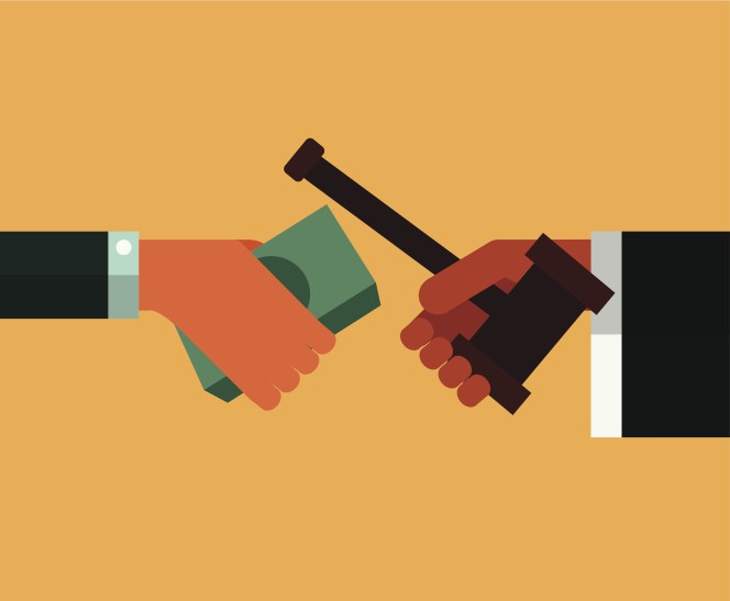 Lawyer giving gavel to businessman for money.