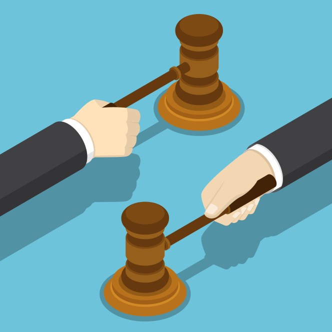 Isometric businessman hand with the judge gavel.