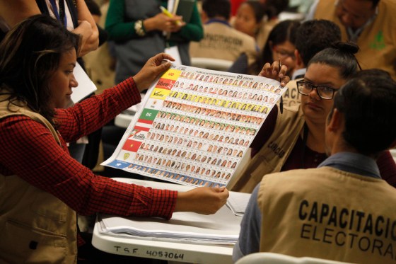 Election workers look at a ballot during a partial recount of presidential and congressional elections in Tegucigalpa, Honduras, Tuesday, Dec. 5, 2017. The head of the election tribunal has not declared a winner for the Nov. 26 presidential elections. (AP Photo/Fernando Antonio)